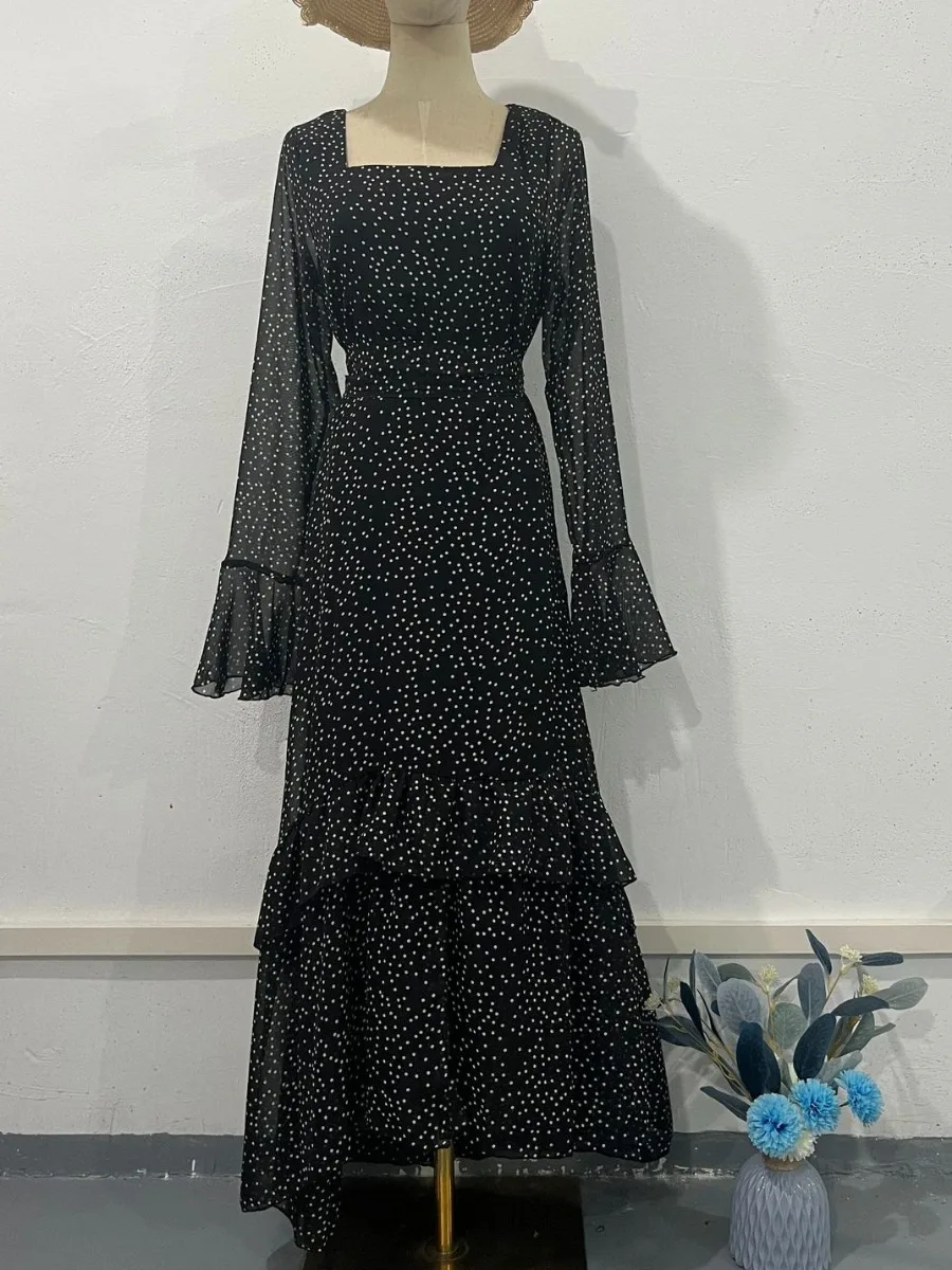 Robe de soirée musulmane Eid pour femmes, robe longue en mousseline de soie, ceinture, pois, Ramadan, caftan marocain, robe éducative, robe Jalabiya