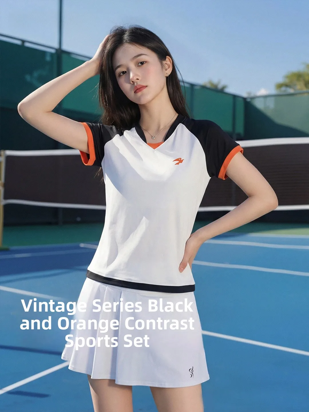 yusalt-black-orange-contrast-retro-sports-set-badminton-tennis-golf-short-sleeve-quick-dry-uniform-women's-sportswear