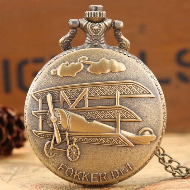 Antique Pocket Watch with Airplane helicopter Pattern Analog Quartz Movement Watches with Necklace Chain Collectable Timepiece