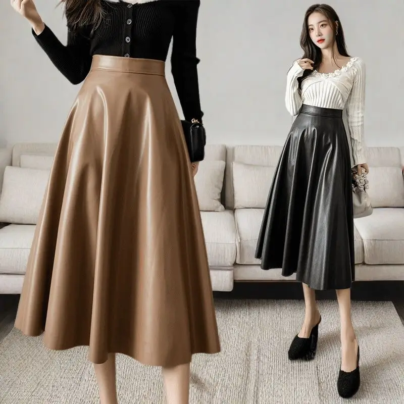 

Women's Leather Skirt Umbrella Skirts Autumn Hip-covering Style Slimming High-end Feel Black Full Skirt Leather Half Skirts