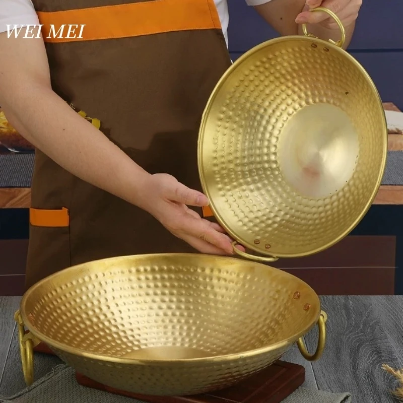 

Большая сервировочная тарелка ручной работы из латуни, с текстурой ковки, для пикника, для супа, портативная утолщенная круглая сковорода, кухонная утварь, домашняя посуда