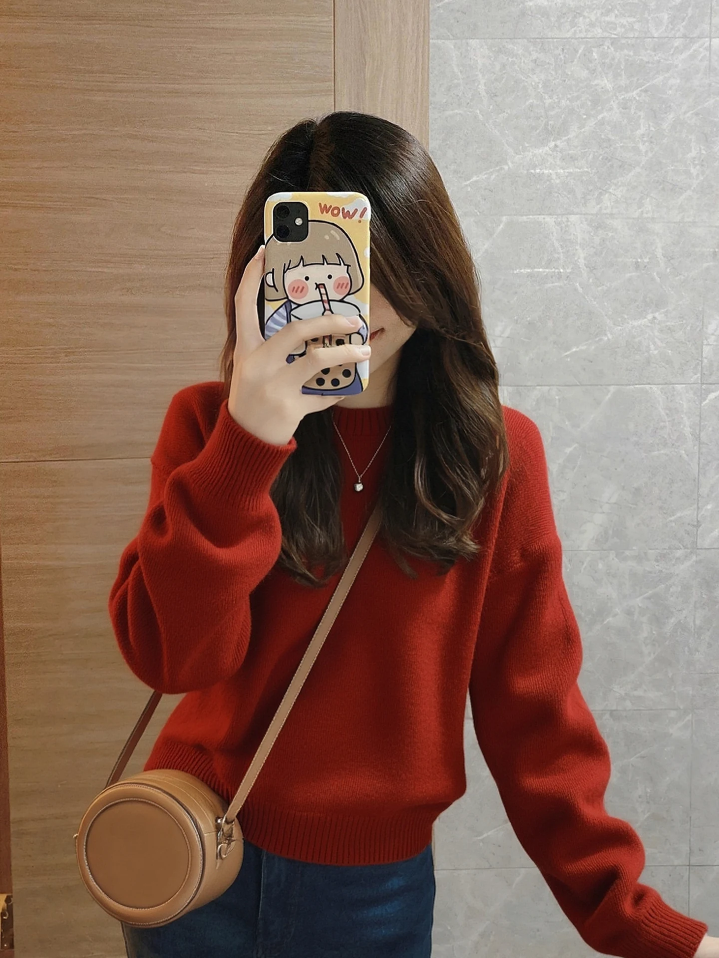 

Red Knitted Sweater Long Sleeve Beautiful Fashionable Winter Casual Loose Fit Women's Top White Enhancing New Year Style