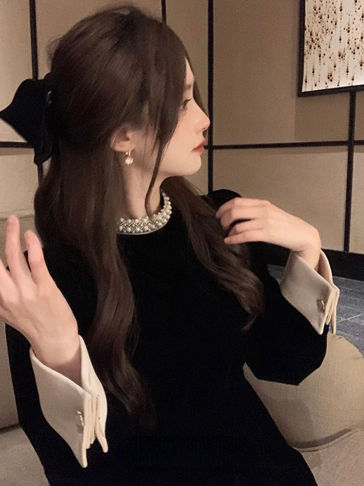 2024 Sweet Woman Party Dresses Korean Vintage Velvet Black Dress Patchwork Robe Elegant Clothes All Match Pearl Vestidos Mujer