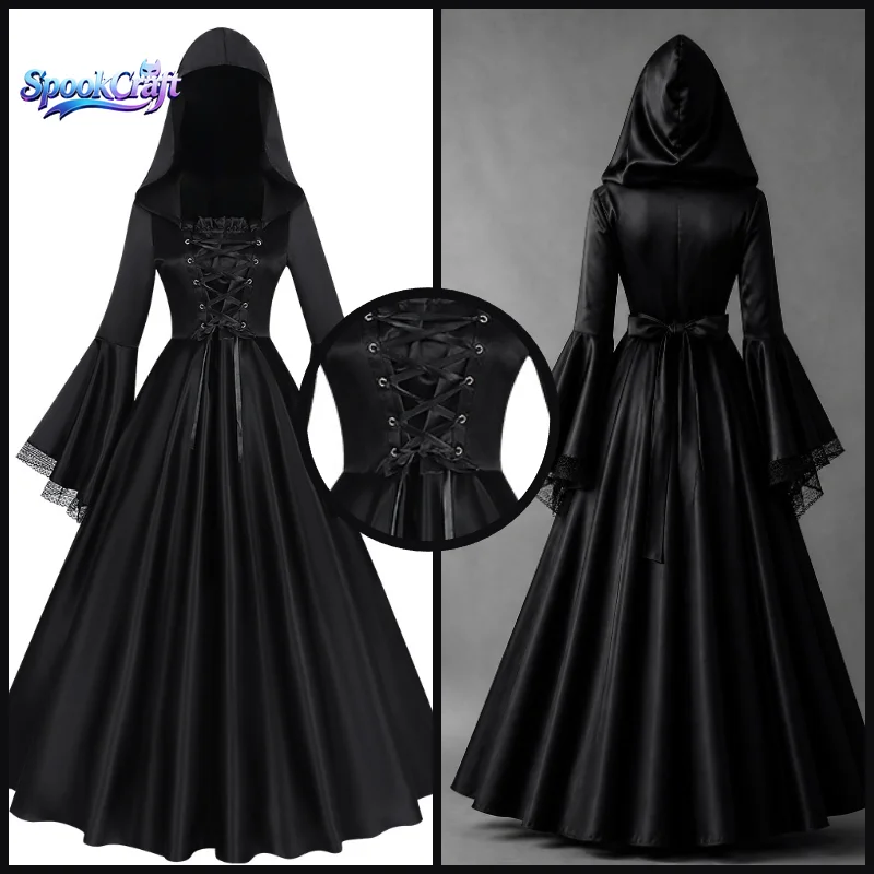 Vestido largo medieval gótico con capucha, disfraz de bruja para Halloween, vestido de corte para mujer, disfraz de cosplay para actuaciones en escenario y fiestas.