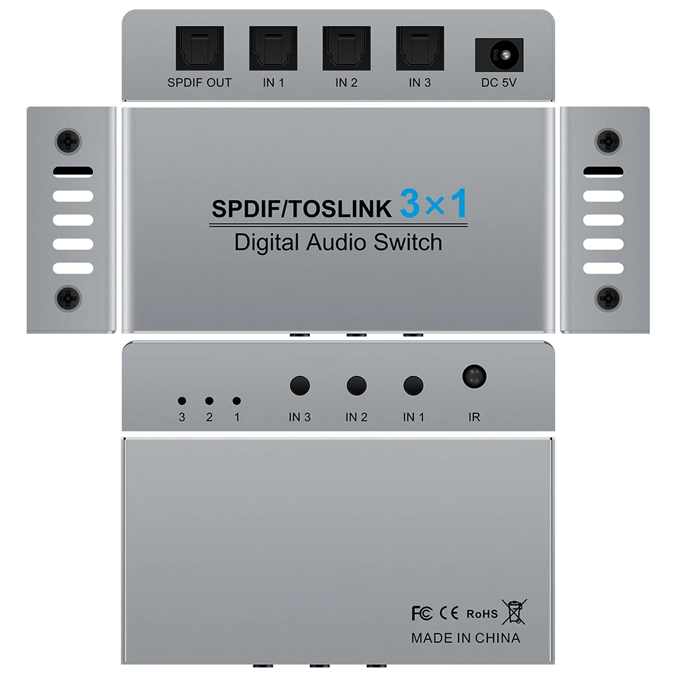 Digital SPDIF/Toslink 3x1 Switch with IR Remote Control Digital Audio SPDIF Toslink Optical Fiber Switcher 3 in 1 Out for PS5