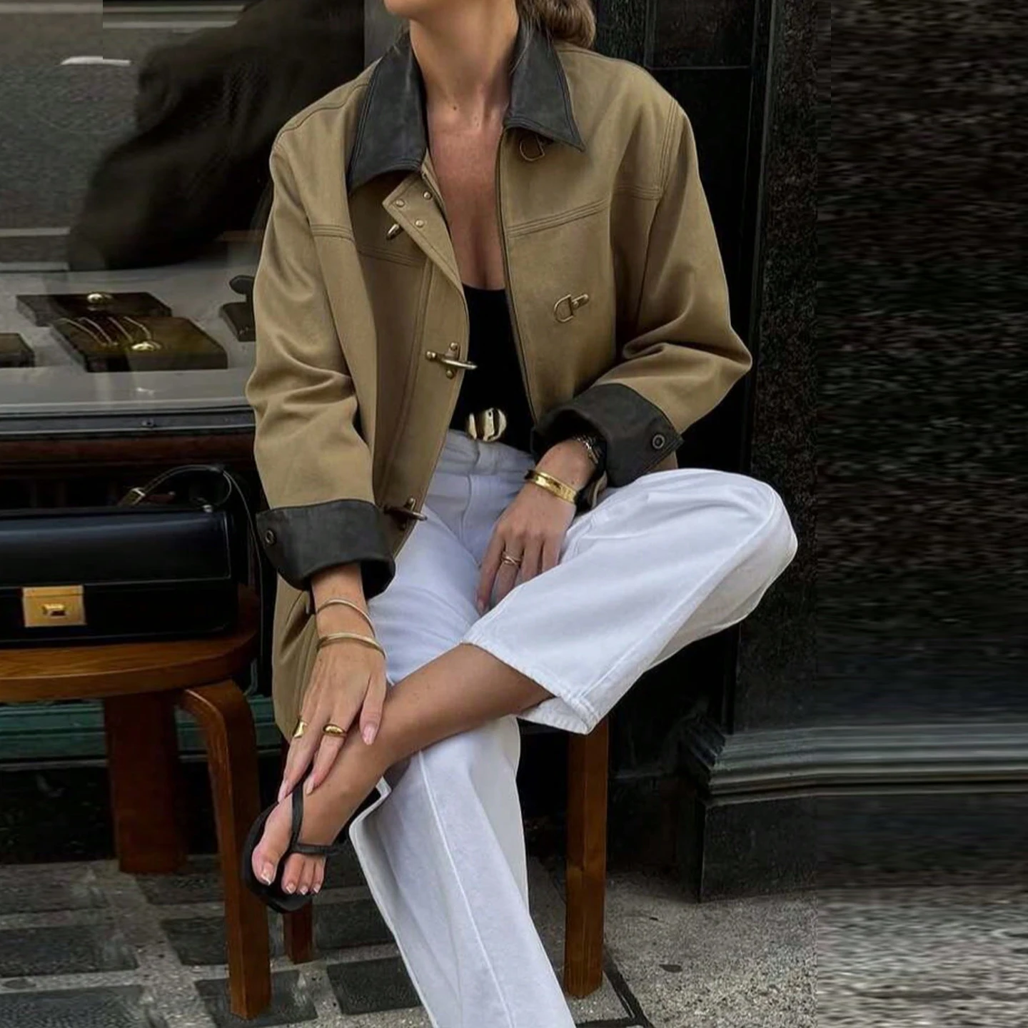 

Casual Sle Women's Jaet 2025 Autumn New Faion Leather Collar All-Match Workwear Sle Ele Daily ort Coat