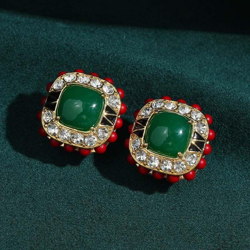 

Square Stud Earrings Vintage Green Large Agate With Full Small Red Natural Stones Designer For Women 2025 Mother Day Charm Gifts