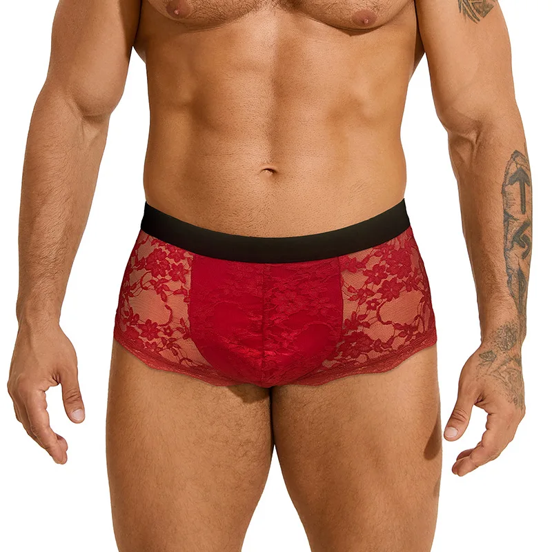 2026 solid color underwear cross-border men's lace briefs hollow boxers MP281-