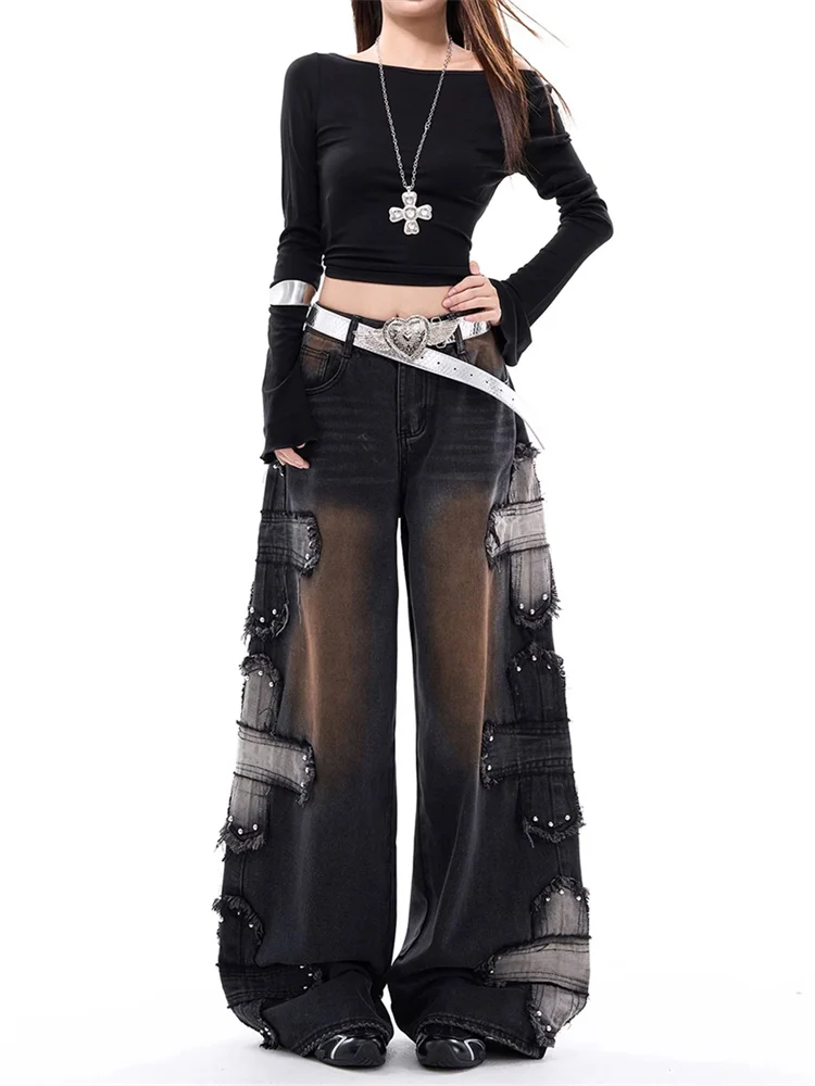 

Джинсы-палаццо женские в стиле пэчворк, осенние, в американском винтажном стиле, с цветовыми блоками, свободного кроя, длиной в пол, джинсовые брюки Y2K