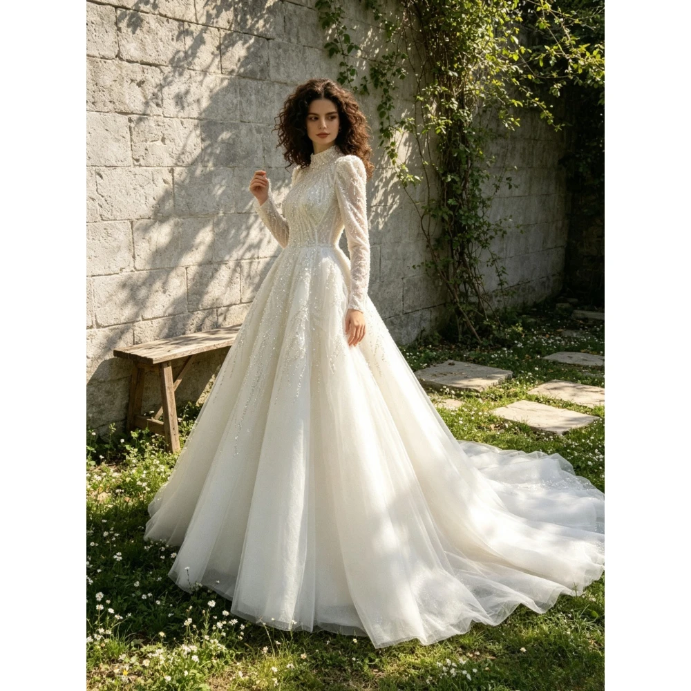 Customized Romantic High Neck Long Sleeved Beaded Wedding Dress Fluffy Chiffon A-line Princess Bridal Gown Suitable for Gardens