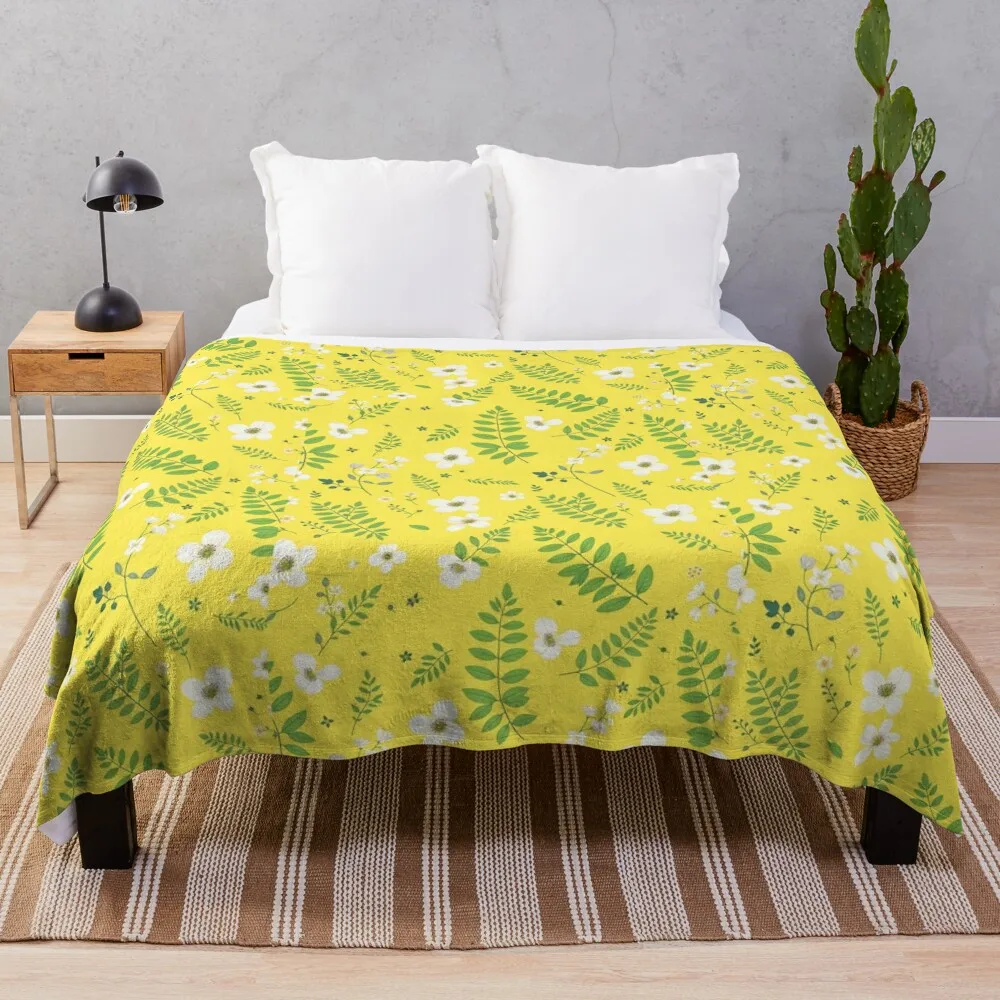 

Cheerful Yellow Floral with White Flowers and Green Leaves Throw Blanket Luxury Heavy Blankets