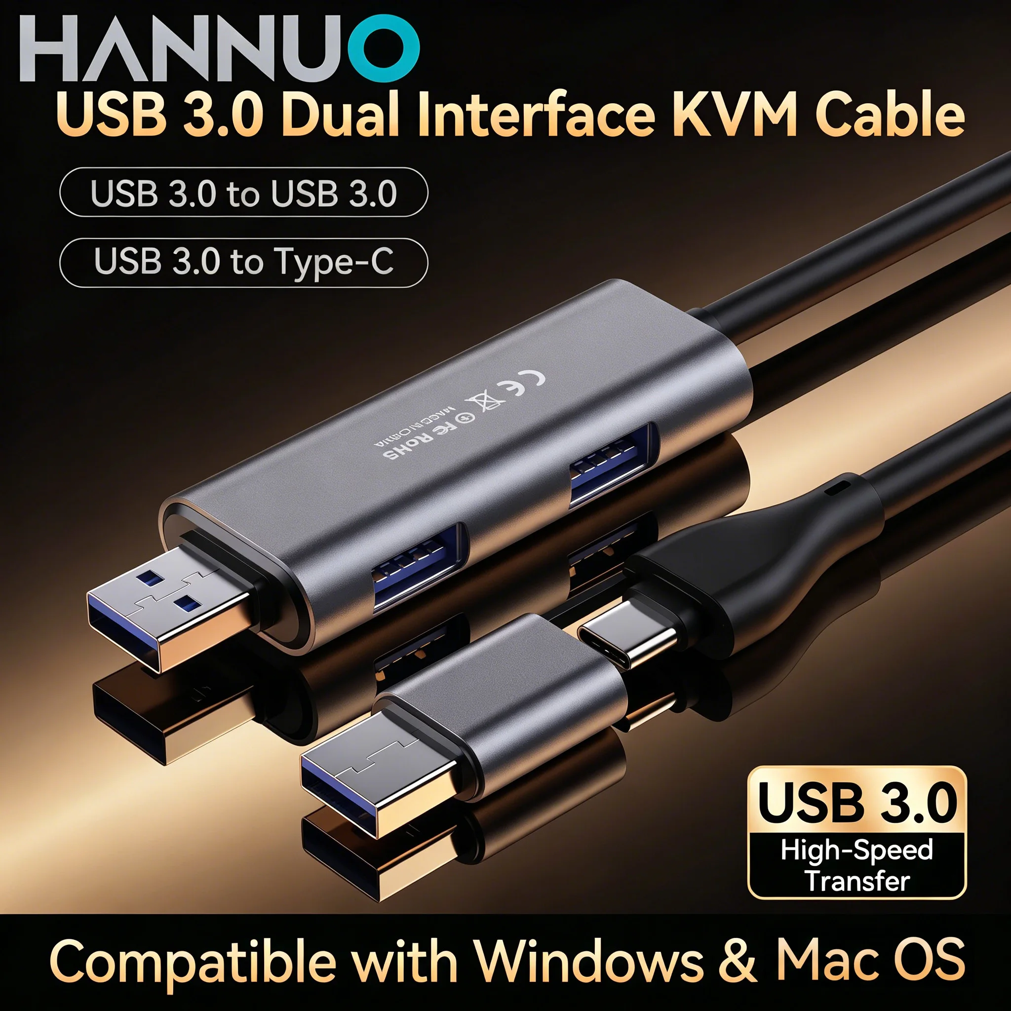 

HANNUO 2 IN 1 USB 3.0 Cable Short Type C Male to Male cord for Laptop Cooling Fan/pad,Camera,USB hub,Double USB A male cable