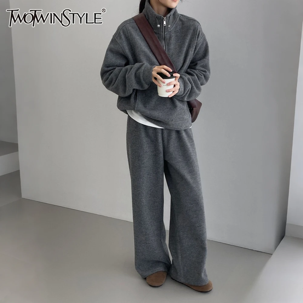 

TWOTWINSTYLE однотонный комплект из двух предметов с воротником-стойкой, женская куртка с длинными рукавами, корейский повседневный женский комплект брюк, модный комплект