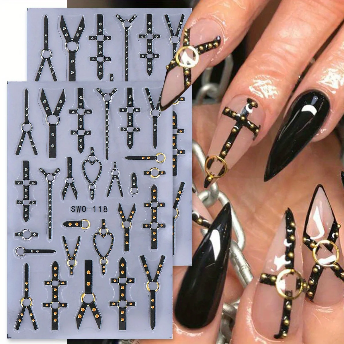 2 stücke Schwarz Punk Gürtel Matte Nagel Aufkleber Sexy Stiletto Straps Design Silber Gold Hoop Ring Form Aufkleber Halloween Trend maniküre