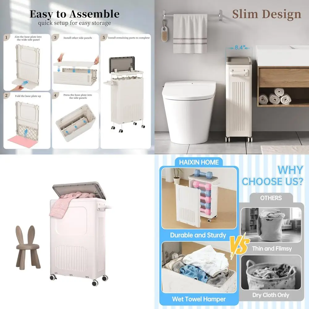 

50L Rolling Plastic Laundry Hamper with Lid and Wheels for Compact Spaces