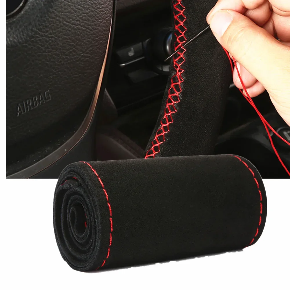 Universal Black Leather Steering Wheel Cover - Hand-Stitch, Anti-Slip, Fits 37-38cm Wheels
