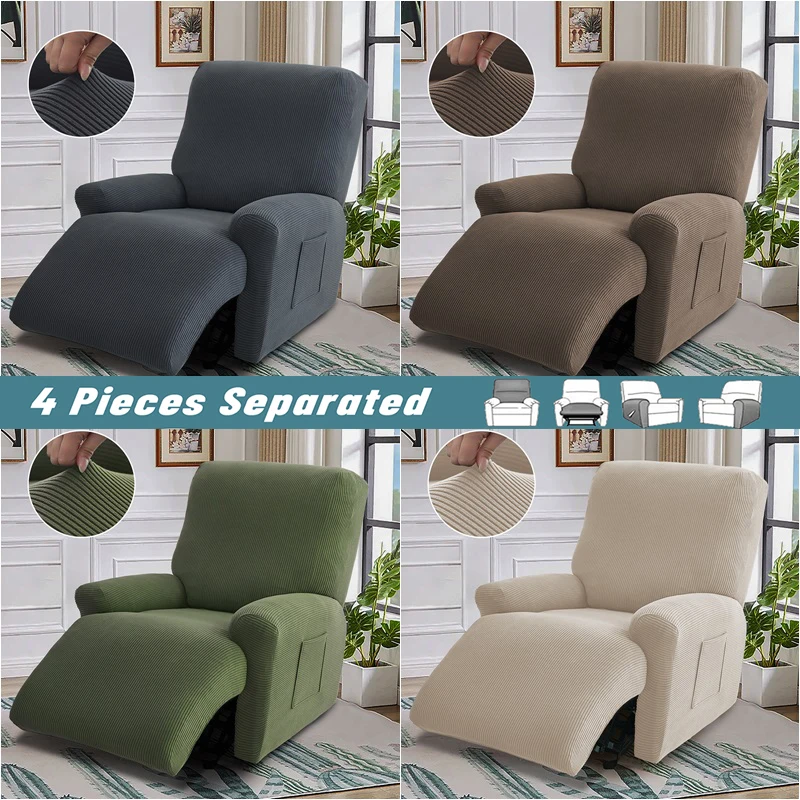 4pcs/set Split Recliner Sofa Cover Striped Recliner Armchair Covers Elastic Single Sofa Slipcover with Pockets for Living Room