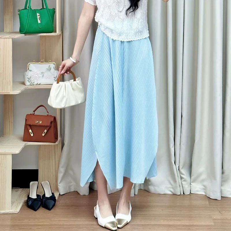 Miyake, Top de manga corta con cuello redondo para mujer + Falda corta informal, conjunto de dos piezas con diseño plegable, novedad de verano 2025, ola