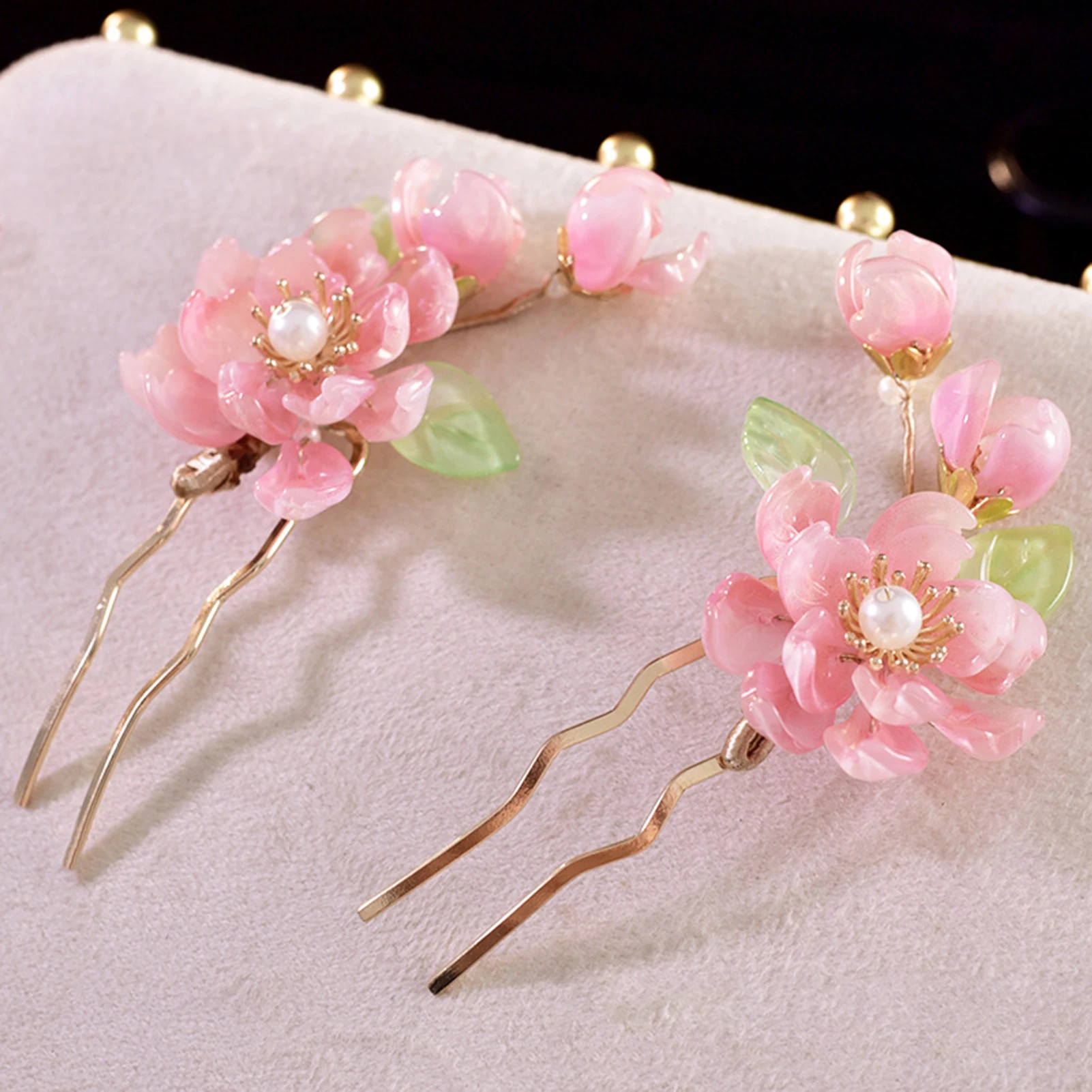 1개 복숭아꽃 머리핀 새로운 중국 스타일 핑크 꽃무늬 헤어 클립 진주 크리스탈 합금 머리 장식 한복 코스프레용