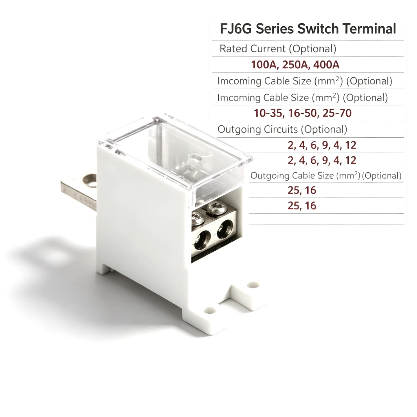 Fj6G Multi-Circuit Distribution Terminal Block 100A 250A 400A Outgoing Terminals Input 10-70mm² Output 16-25mm² for Junction Box