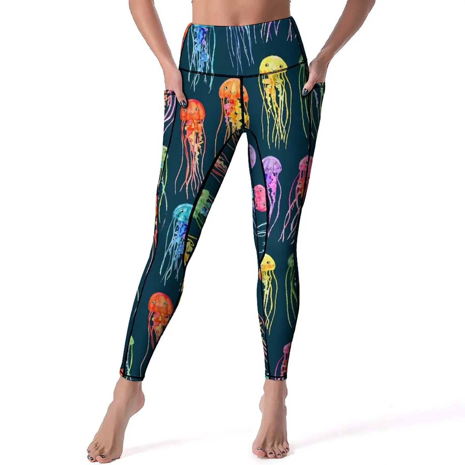 

Watercolor Jellies Leggings Rainbow Jellyfish Gym Yoga Pants Push Up Cute Sport Pants Pockets Stretch Graphic Yoga Legging