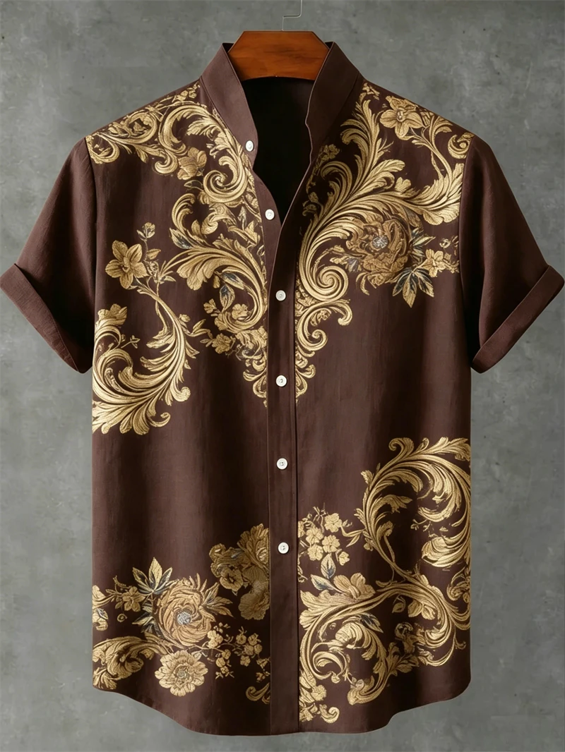 Men's tropical neon landscape print short-sleeved shirt, suitable for summer parties and daily wear