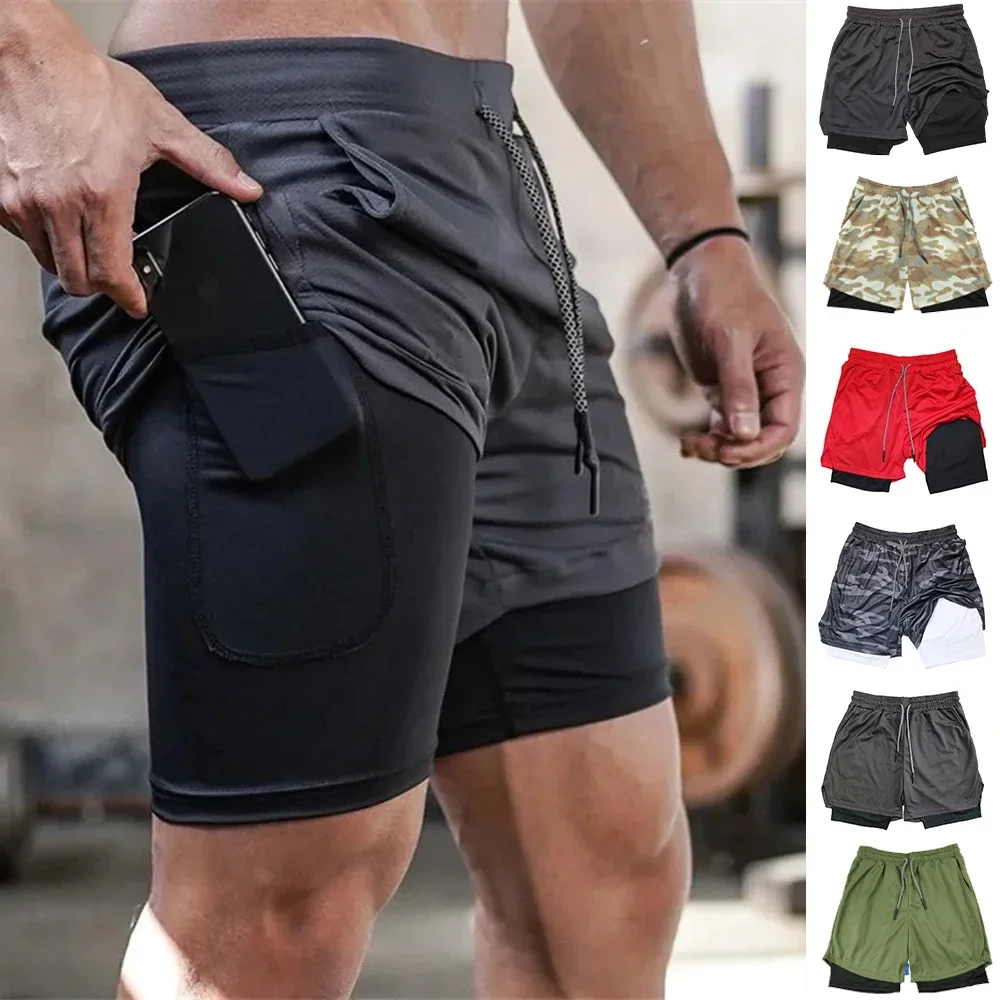 Pantaloncini da corsa 2 in 1 da uomo Pantaloncini sportivi da fitness a due piani 2 in 1 Pantaloni corti da jogging a compressione per allenamento