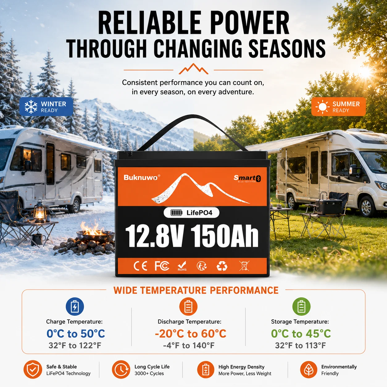 BUKNUWO 12V 150Ah Smart Bluetooth M8 LiFePO4 Lithium Battery, 1920Wh Power Energy, Built-in 100A BMS, Low-Temp Protection, Capable Of Over 4000 Cycles Support Series/ParallelBattery For Small RV, Camper Van, Travel Trailer And Solar