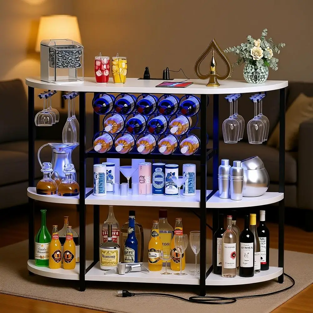 

Illuminated 4-Tier Wine Rack with Glass Holder and Outlet, Ideal for Home Bars and Mini Bars