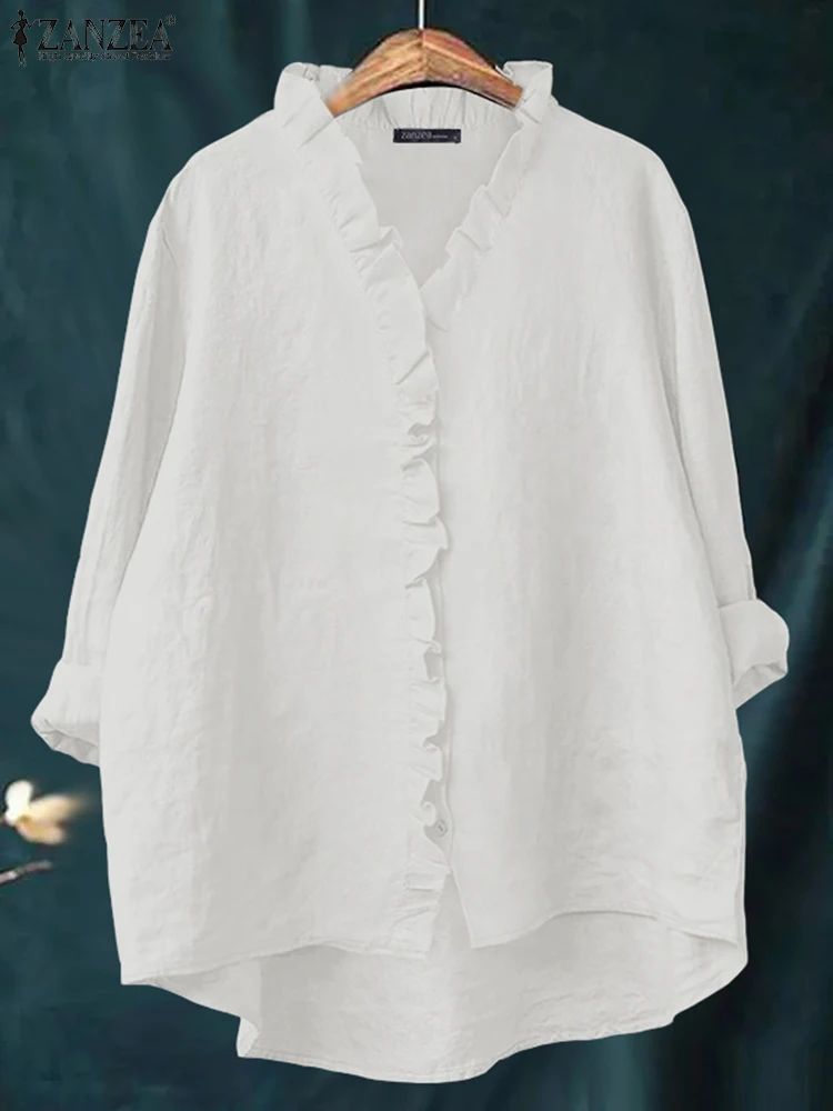 

2025 ZANZEA Women Cotton Shirts Autumn Office Ruffles Blouses Casual Long Sleeve V Neck Tops Buttons Blusas Loose Chemise Femme