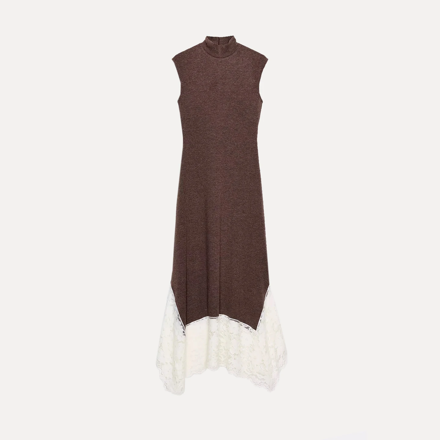 Z 2025 แฟชั่นใหม่ เดรสยาวผ้าลูกไม้ต่อผ้า ดีไซน์เฉพาะตัว วัสดุอื่นๆ 100% คอสูง ทรงเข้ารูป