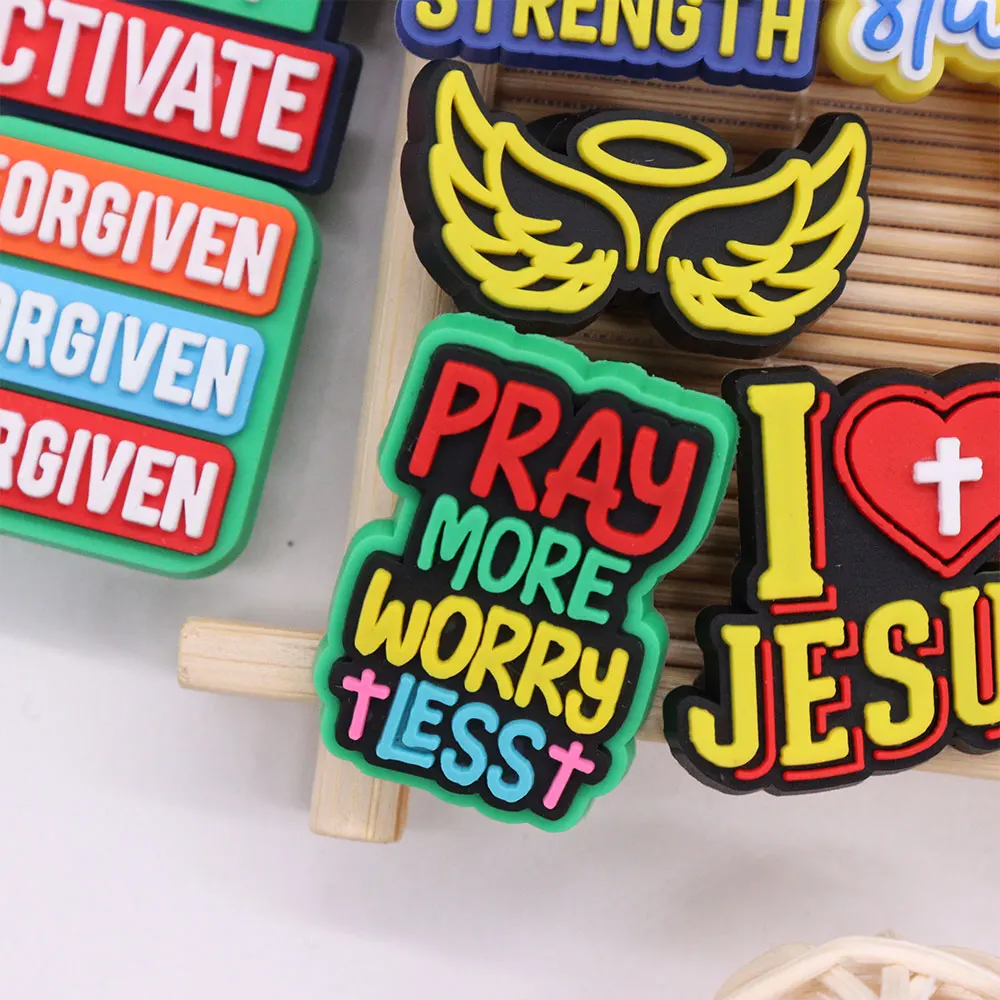 Hot Sales 1-12Pcs God is My Strength Holy Faith Adult Love Jesus Blessed Shoe Buckle Charms Decorations DIY Phone Case