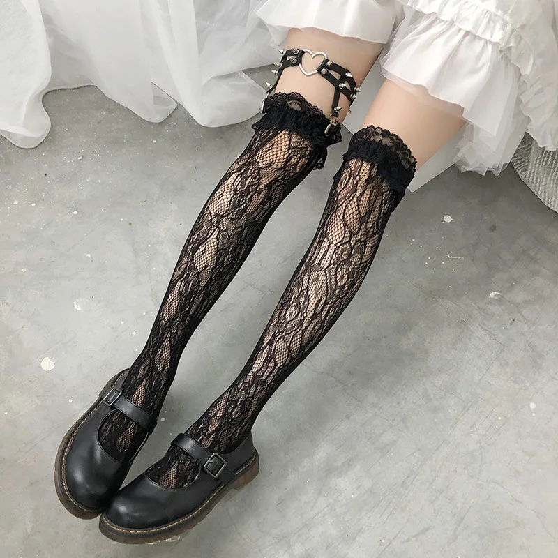 Teen Girls Floral Vine Lace Hollow Thigh High Socks, Lolita JK Fishnet Mesh Long Socks for Teenage Girls Over 12 Years Old