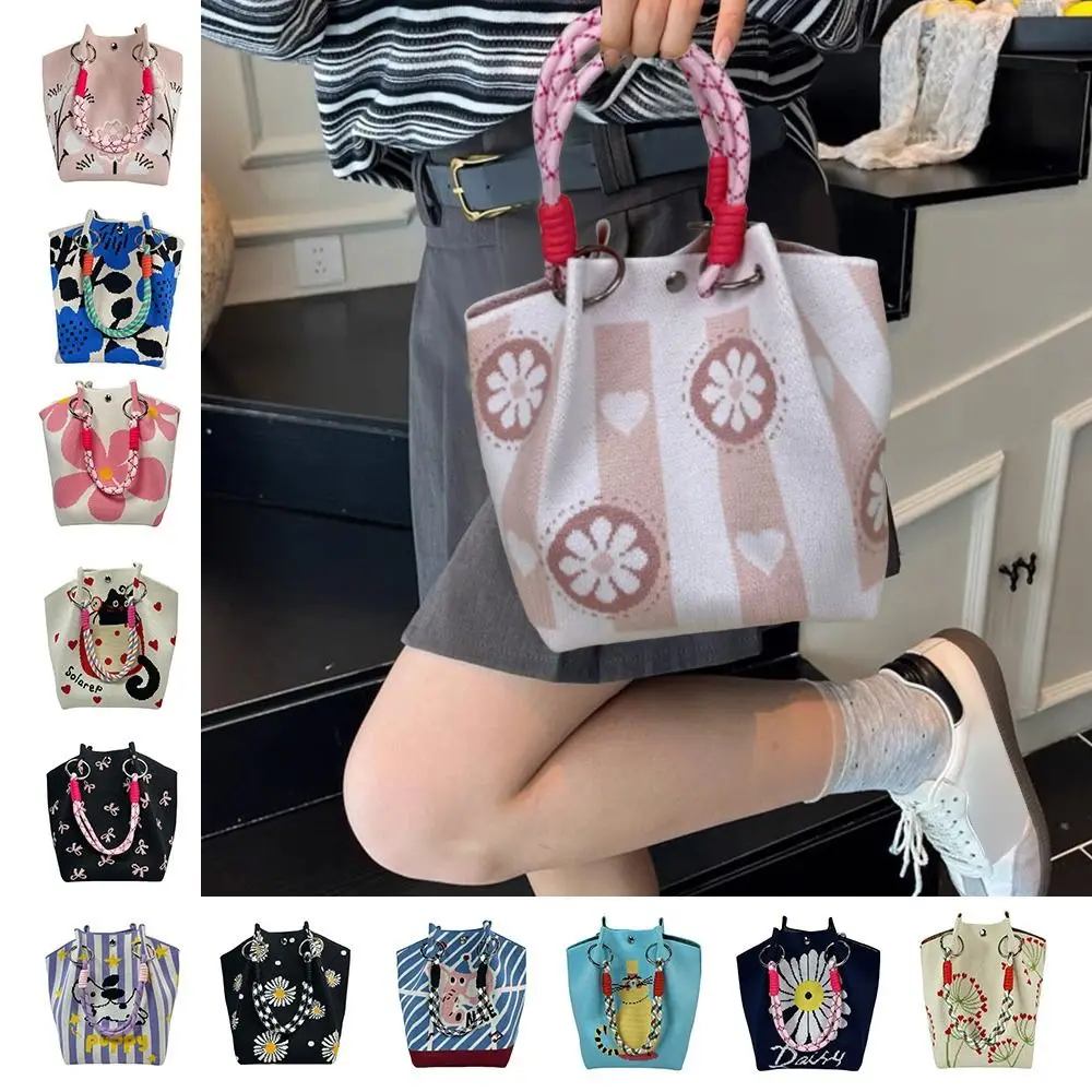 

Portable Cartoon Knitted Bucket Bag Large Capacity Woven Ring Buckle Shoulder Bag Handmade Tote Bag for Women Girls