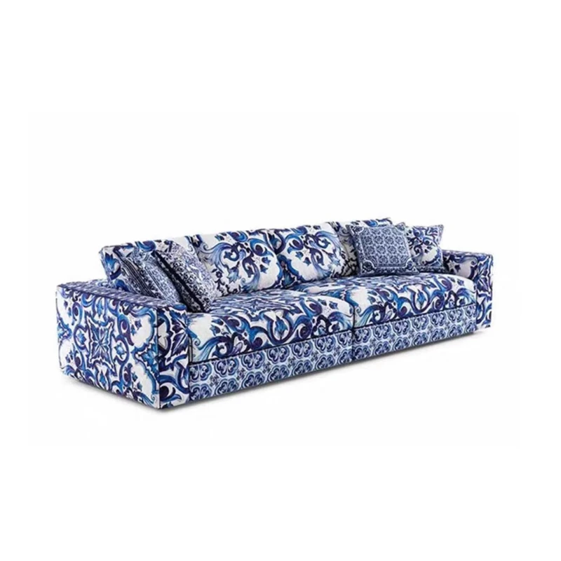 

Italian light luxury art blue and white porcelain fabric combination sofa villa living room high-end multi-person sofa chair