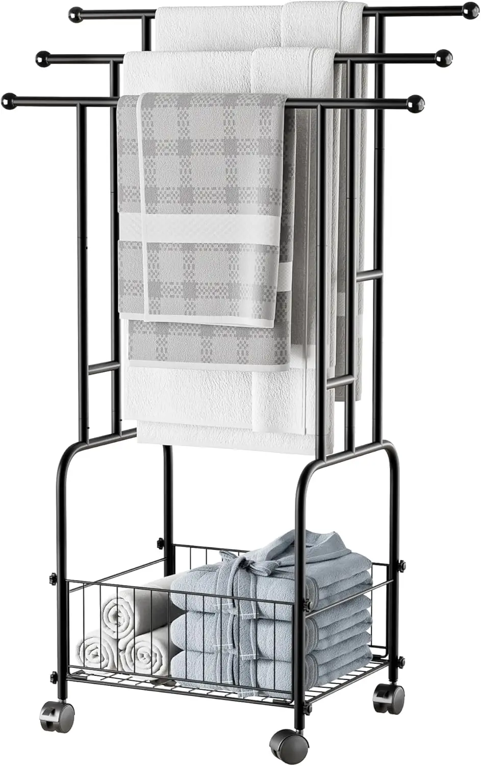 

Towel Racks for Bathroom, 42" H 3-Tier Durable Black Reinforced Alloy Stand with Wheels and Basket, Free Standing Towel Rack, Mu