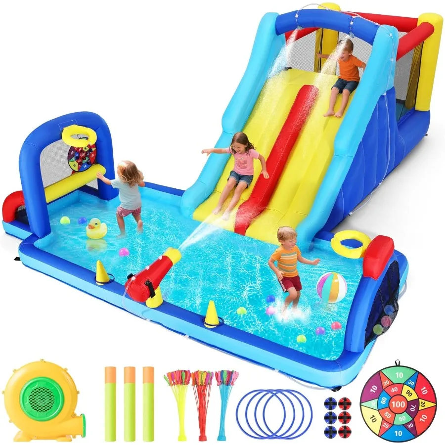 

Inflatable Water Slide Bounce House Double Slide Bouncer Castle Playhouse w/Splash Pool Jump Area Climbing Wall Basketball Hoop
