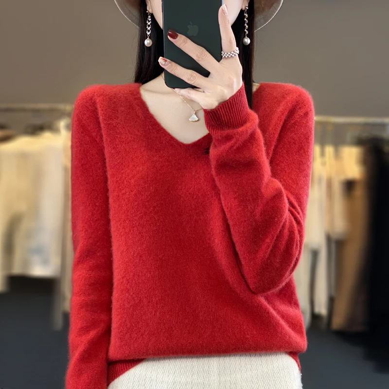 100% Wool Cashmere Sweater Women\'s 2023 Autumn/Winter New V-neck Knitted Pullover Solid Color Long Sleeve Soft Comfortable Top