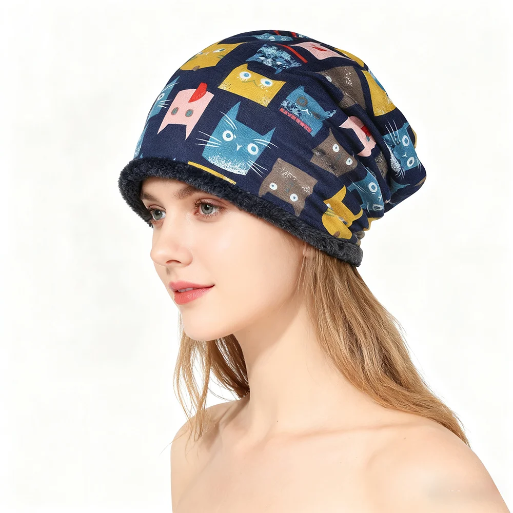 قبعة محبوكة بنمط قطة لطيفة مع عزل مخملي مزدوج الطبقة لتعزيز شكل الوجه وجعلها تبدو صغيرة ومتعددة الاستخدامات