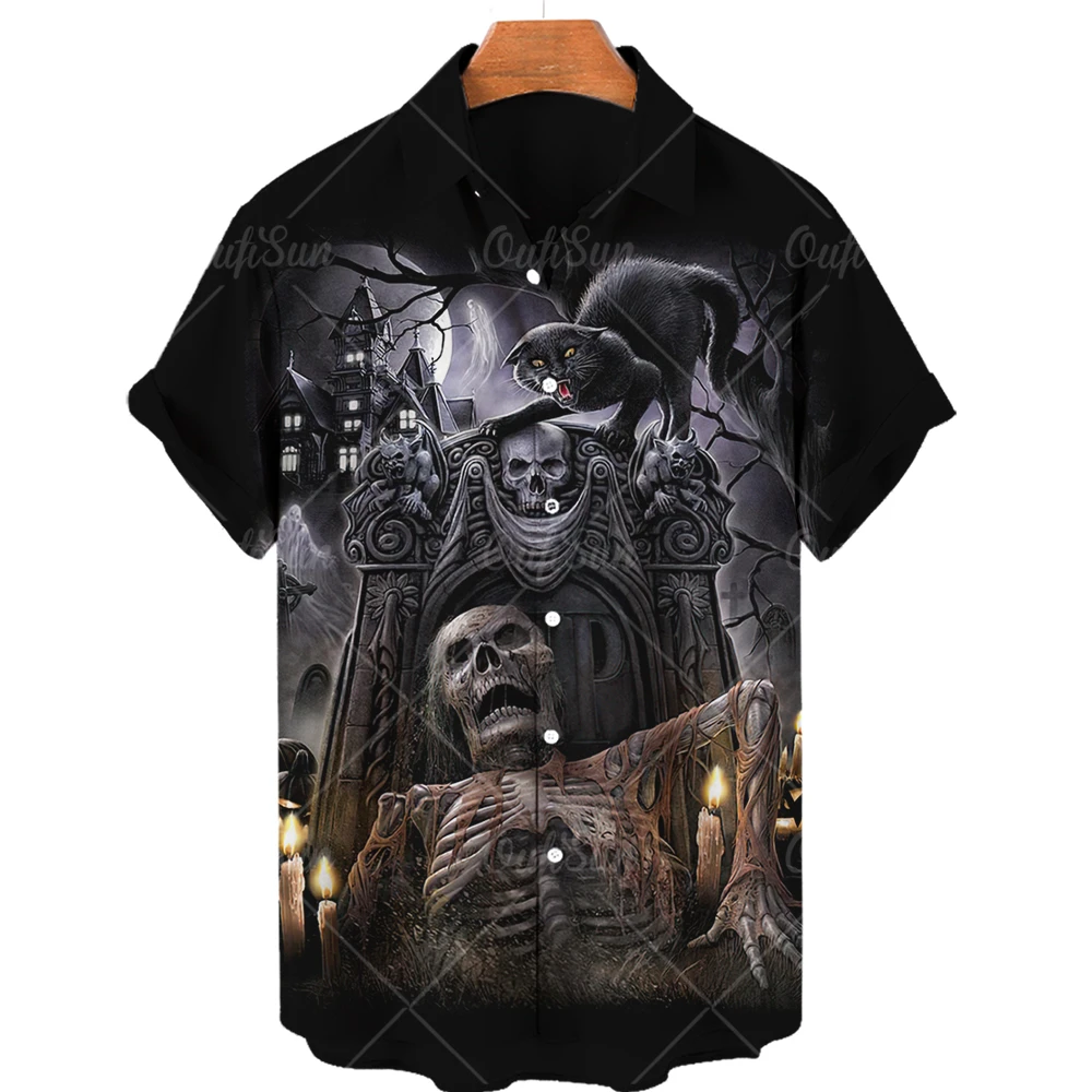 Caveira de horror masculina Camisa havaiana, moda 3D retrô, lapela casual, manga curta, tops respiráveis, roupa importada de verão