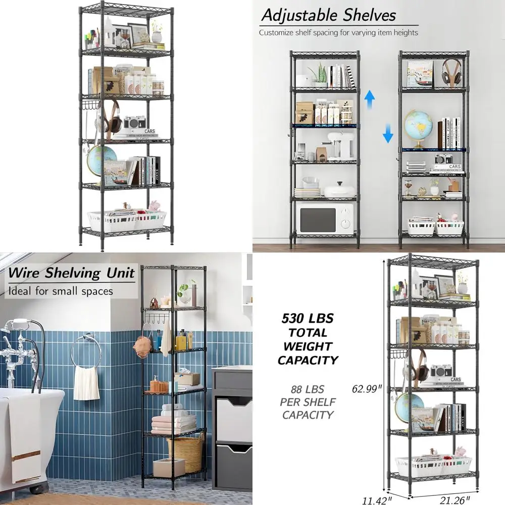 

6-уровневый регулируемый проволочный стеллаж с крючками из нержавеющей стали и выравнивающими ножками для отдельно стоящей организации хранения