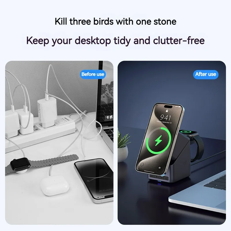 4in1 Electric Rotating Magnetic 15W Wireless Charger Time Display Touch Rotation for  iPhone Watch AirPods Ideal Charging Stand - náhled 2