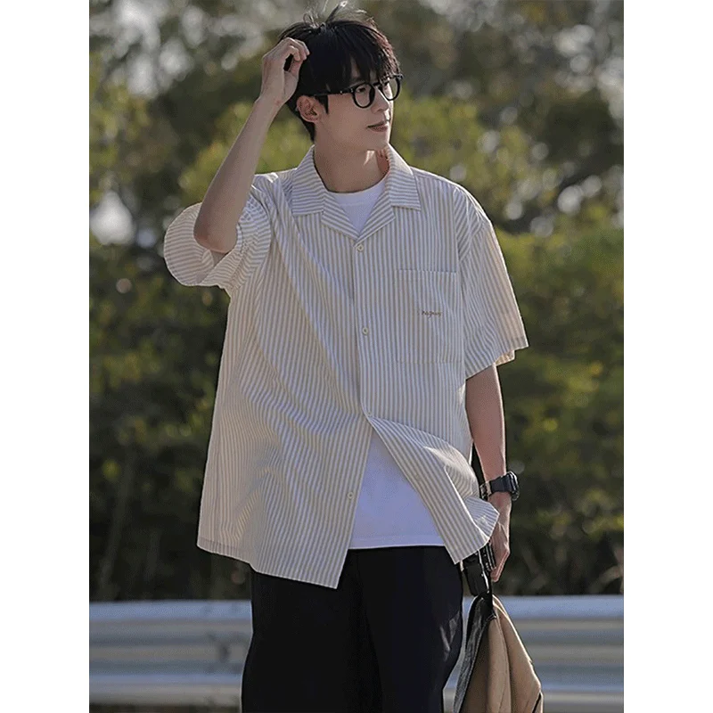 

Японская повседневная рубашка с коротким рукавом, кубинским воротником, в полоску, винтажная, мужская, молодежная, легкая, летняя верхняя одежда