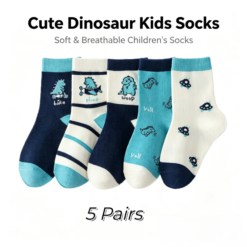 LDino 5 Pairs Boys Socks Spring Cotton Socks Baby Dino Socks Child 1-14T  Kids Cartoon Cars Pattern Sport Sock image 2