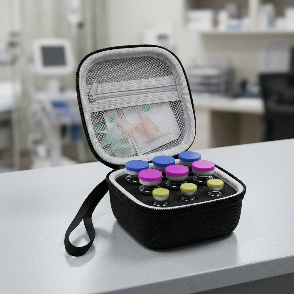 Portable Peptide Vial Storage Case for Refrigerator Use and Travel Fabric+EVA Construction 9 10 or 15 Compartments