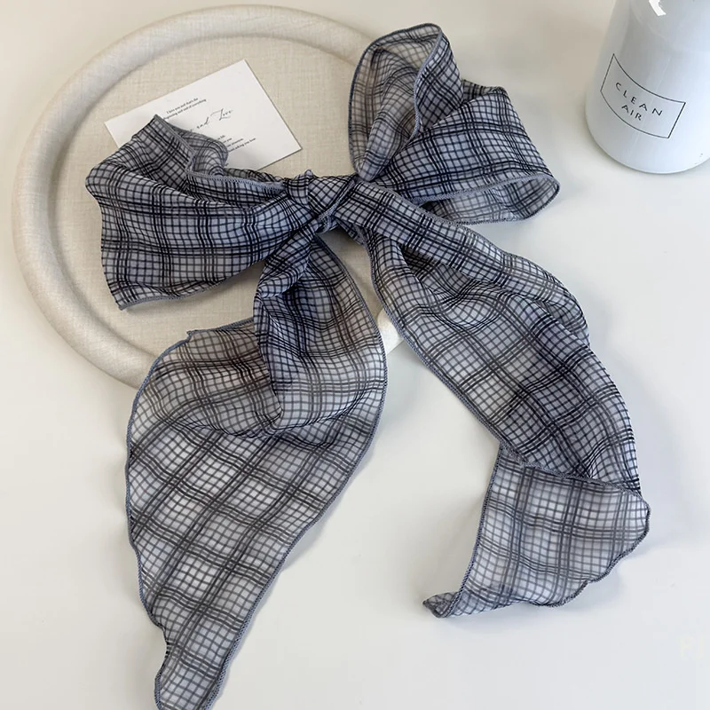 [YU]Vintage Blue Checkered Narrow Scarf Women's Elegant Thin Neckerchief