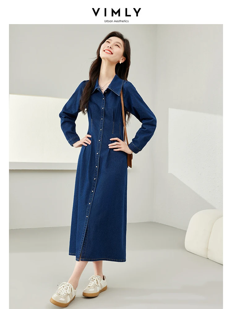 Vimly Women Cotton Washed Denim Dress Spring 2024 Retro Long Sleeves Button Up A-line Fitted Midi Dresses Woman Clothing 72981