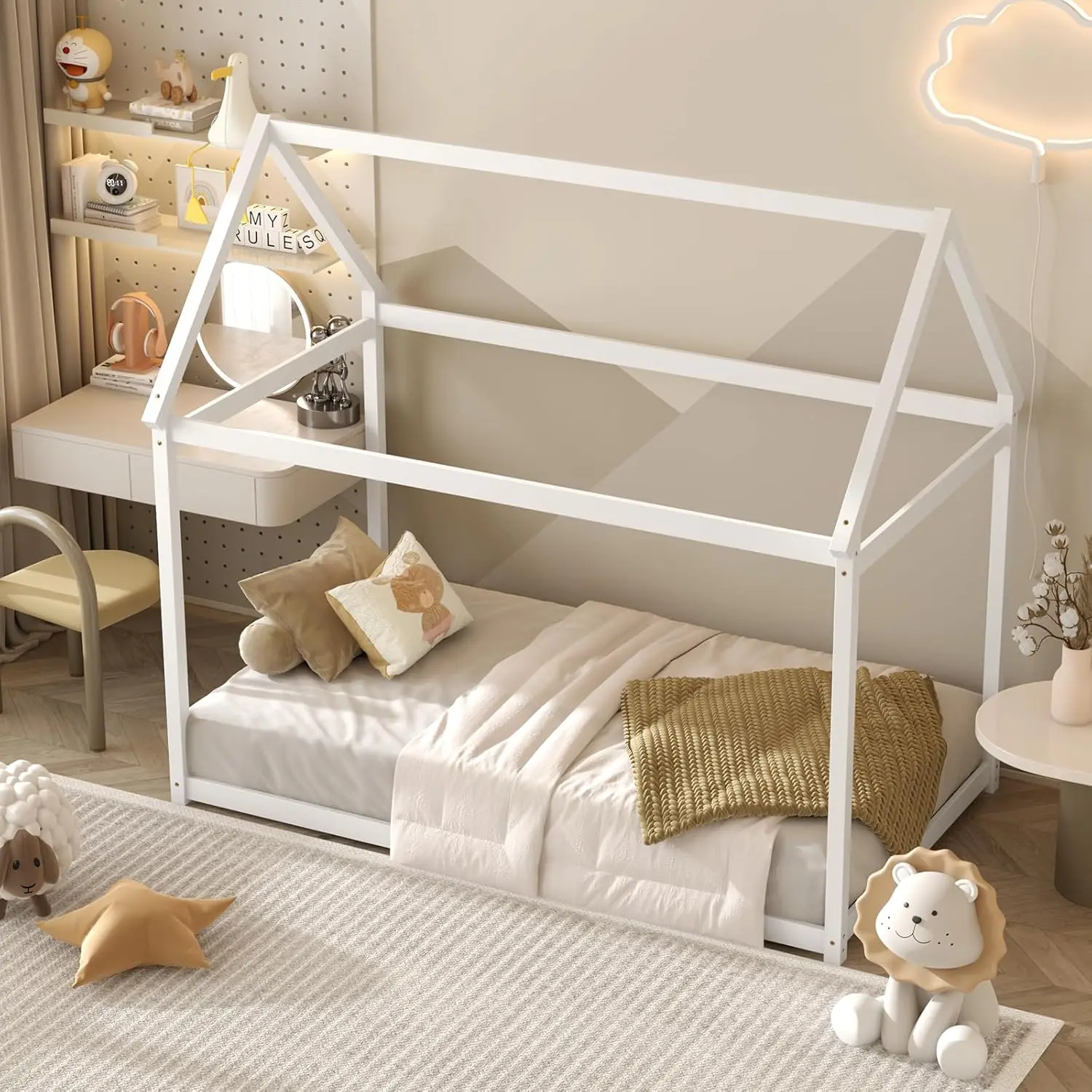 Letto per la casa, struttura del letto Montessori in legno con baldacchino per tetto della casa, letto basso con robusto supporto a doghe in legno, senza bisogno di molle,