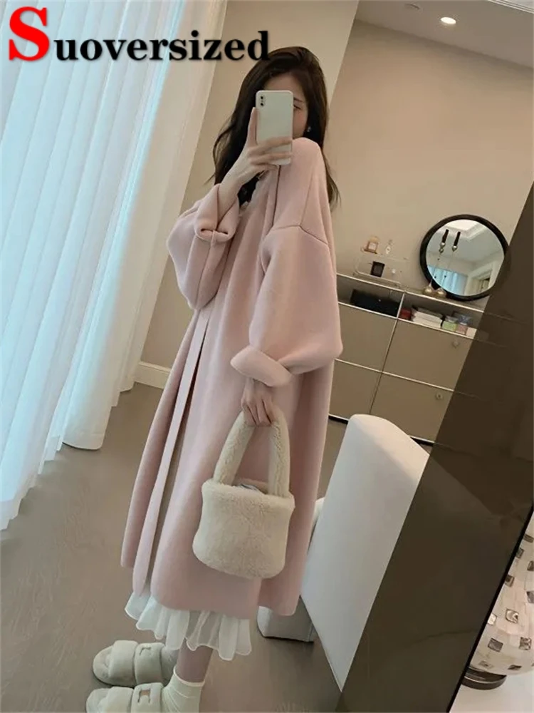 Korean Pink Knitted Mid-length Cardigan Loose Elegant Women Sweaters Casual Long Sleeve Tops Spring Fall Fashion Knitwear Coats