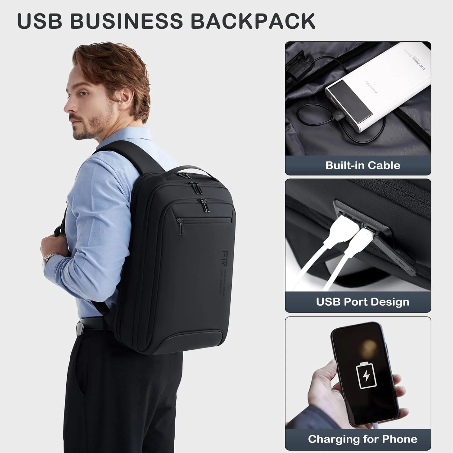 FENRUIEN Business Backpack for Men, Water Resistant Laptop Backpack - USB and 15.6 Inch Slim Lightweight Work/College Travel Com